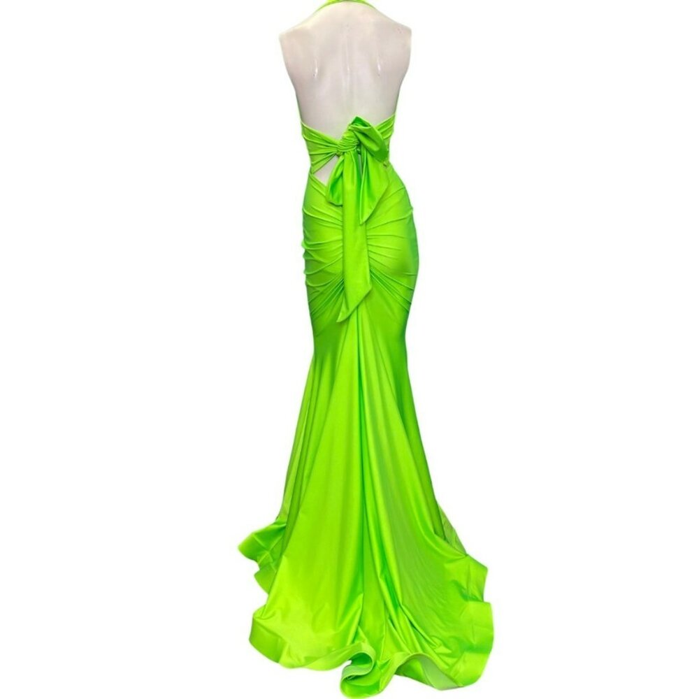 Jessica Angel 378 Halter Tie Back Ruched Back Gown Neon Lime Size Small NWT - Picture 2 of 5